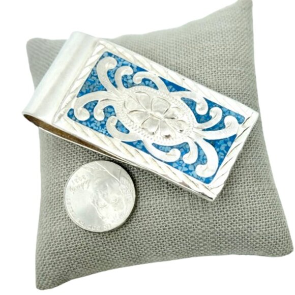 VINTAGE 70s SOUTHWESTERN NAVAJO TURQUOISE & STERLING SILVER MONEY CLIP - Picture 3 of 5